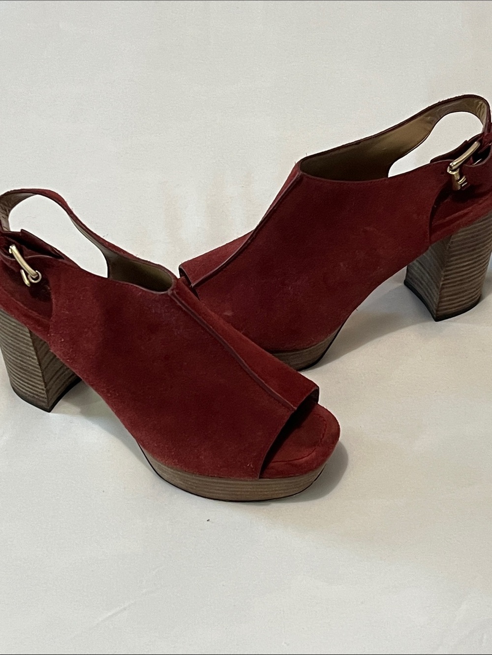 Michael Kors “Piper” Red Suede Peep Toe Platform Slingback Sandals